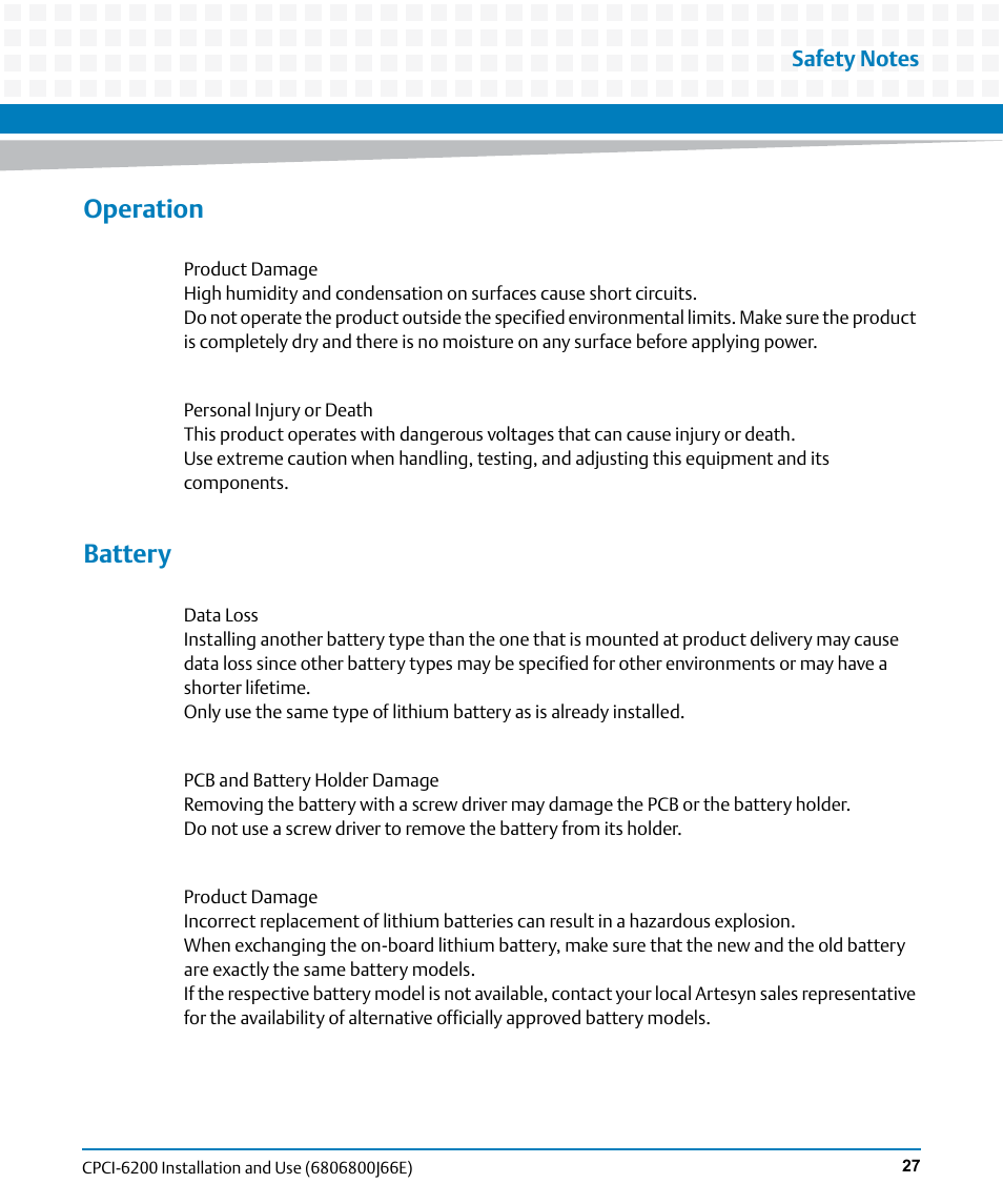 Operation, Battery | Artesyn CPCI-6200 Installation and Use (May 2015) User Manual | Page 27 / 234