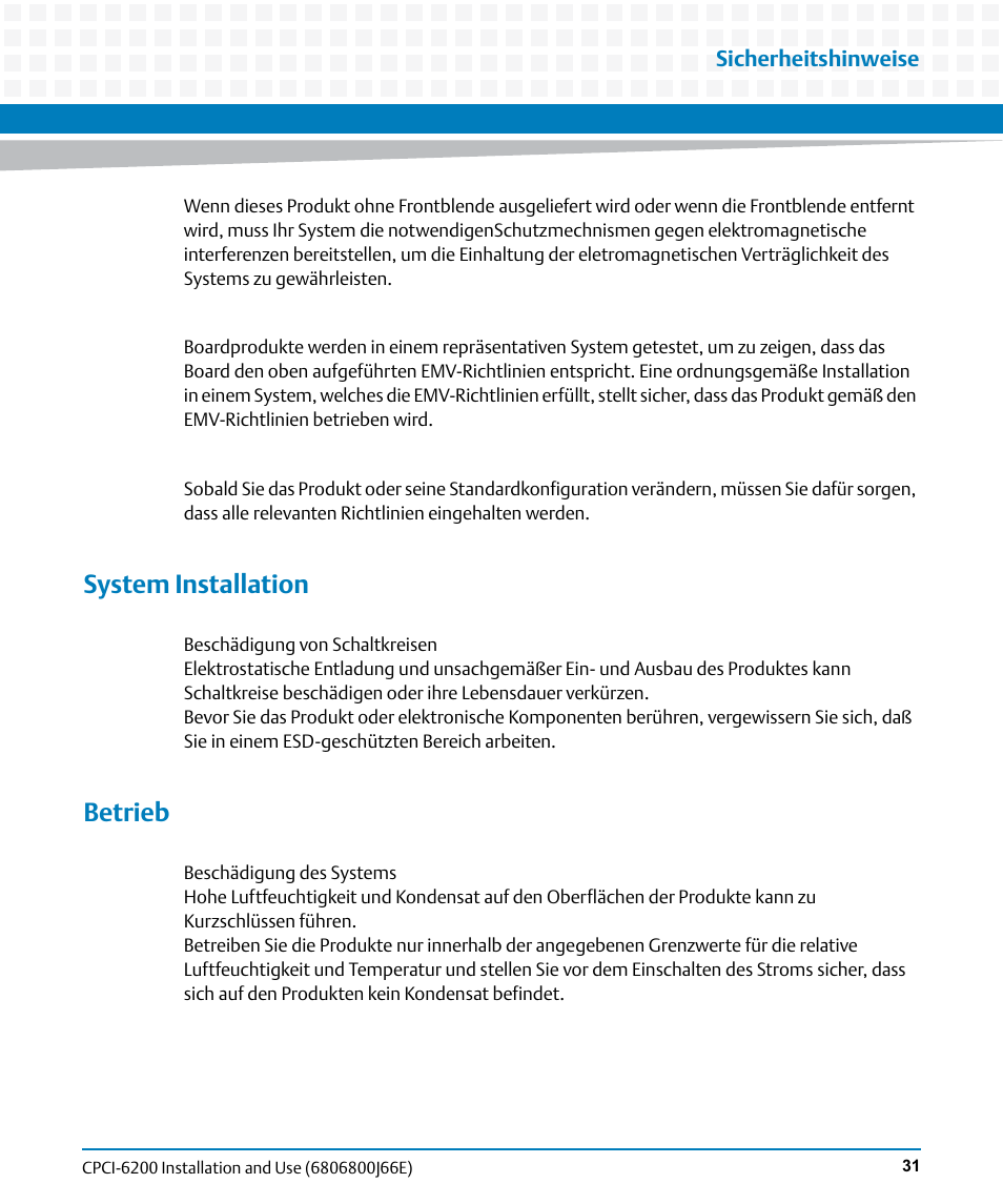 System installation, Betrieb | Artesyn CPCI-6200 Installation and Use (May 2015) User Manual | Page 31 / 234