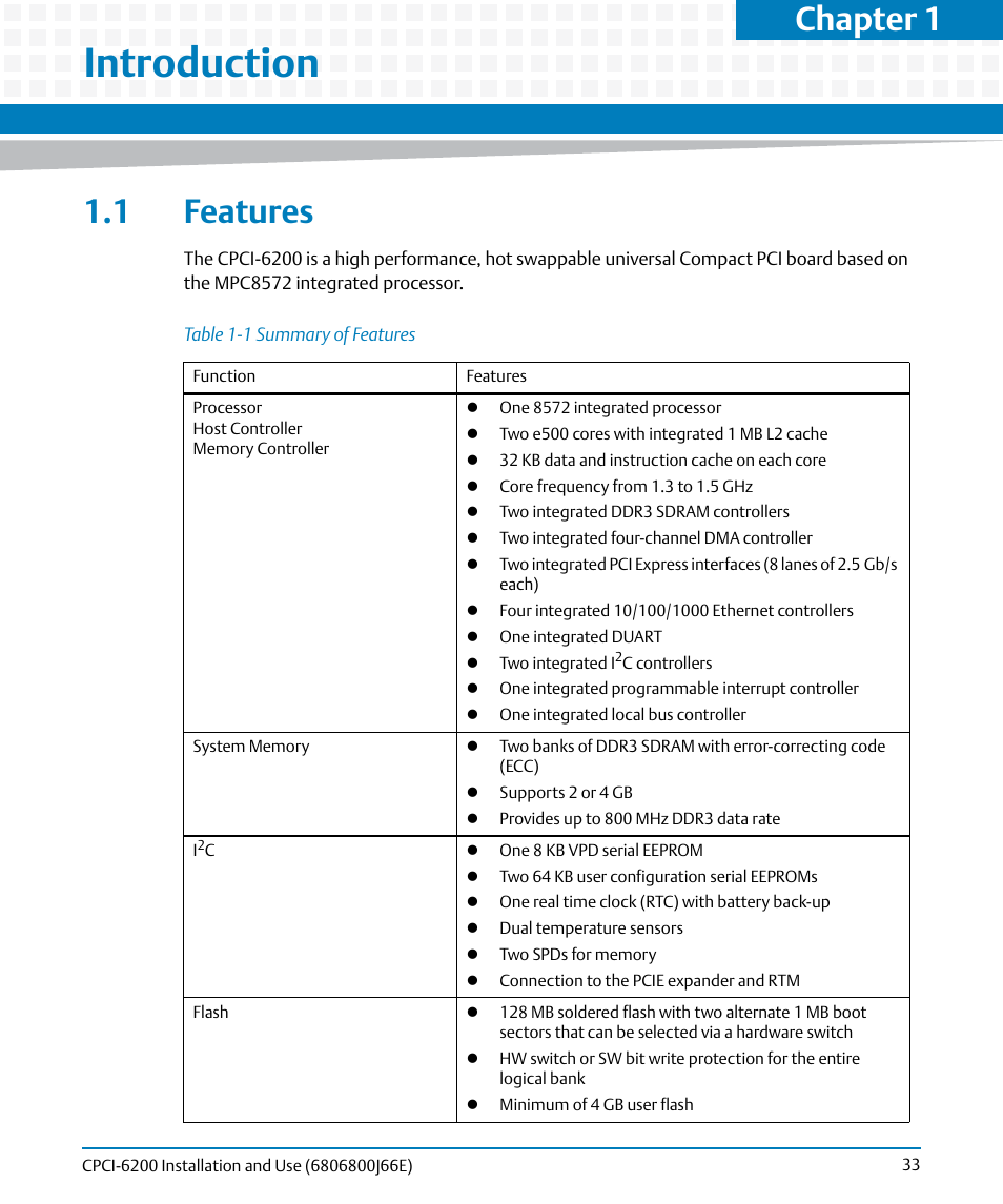 Introduction, 1 features, Table 1-1 | Summary of features, Chapter 1 | Artesyn CPCI-6200 Installation and Use (May 2015) User Manual | Page 33 / 234