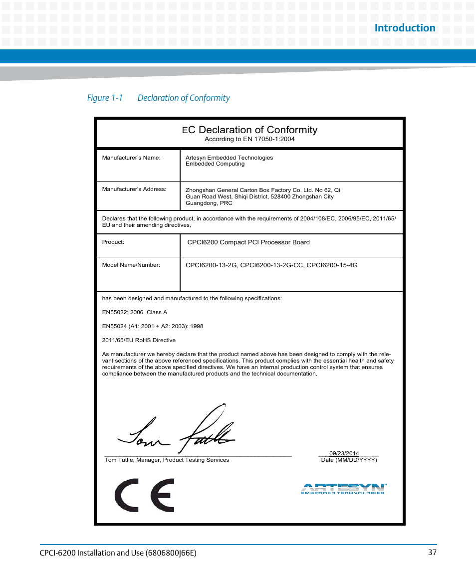 Figure 1-1, Declaration of conformity, Introduction | C declaration of conformity, Figure 1-1 declaration of conformity | Artesyn CPCI-6200 Installation and Use (May 2015) User Manual | Page 37 / 234