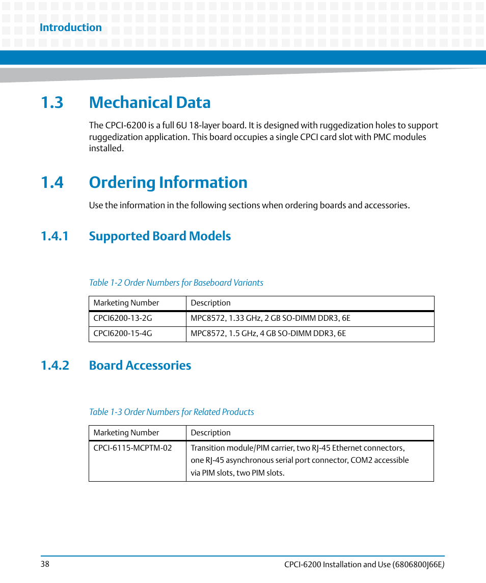 3 mechanical data, 4 ordering information, 1 supported board models | 2 board accessories, 3 mechanical data 1.4 ordering information, 1 supported board models 1.4.2 board accessories, Table 1-2, Order numbers for baseboard variants, Table 1-3, Order numbers for related products | Artesyn CPCI-6200 Installation and Use (May 2015) User Manual | Page 38 / 234