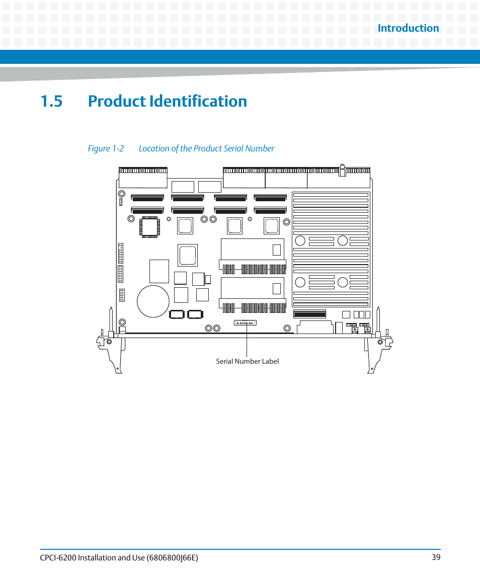 5 product identification, Figure 1-2, Location of the product serial number | Artesyn CPCI-6200 Installation and Use (May 2015) User Manual | Page 39 / 234