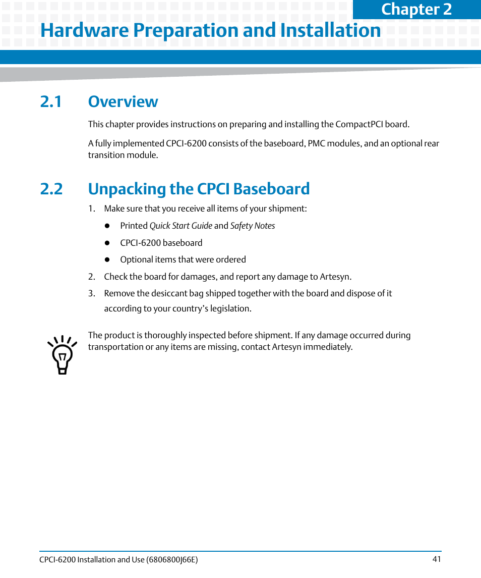 Hardware preparation and installation, 1 overview, 2 unpacking the cpci baseboard | 1 overview 2.2 unpacking the cpci baseboard, Chapter 2 | Artesyn CPCI-6200 Installation and Use (May 2015) User Manual | Page 41 / 234