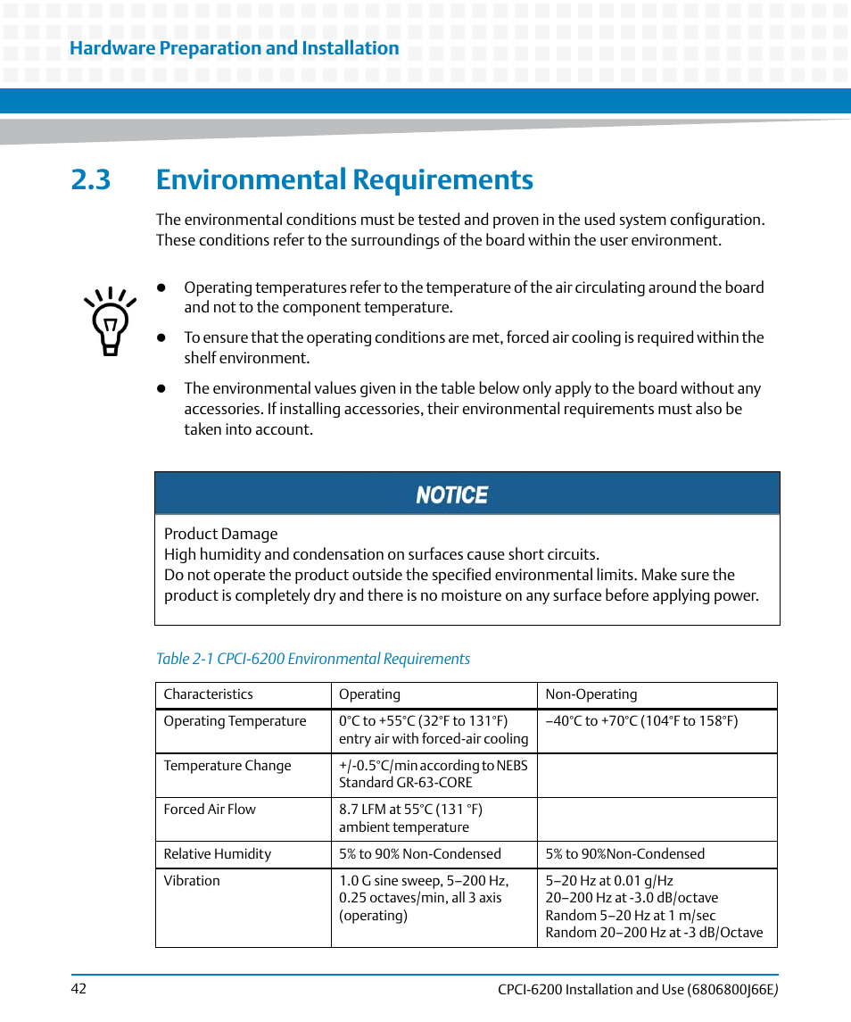 3 environmental requirements, Table 2-1, Cpci-6200 environmental requirements | Hardware preparation and installation | Artesyn CPCI-6200 Installation and Use (May 2015) User Manual | Page 42 / 234