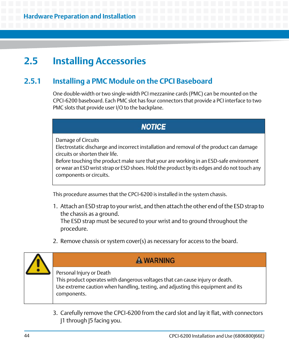 5 installing accessories, 1 installing a pmc module on the cpci baseboard | Artesyn CPCI-6200 Installation and Use (May 2015) User Manual | Page 44 / 234