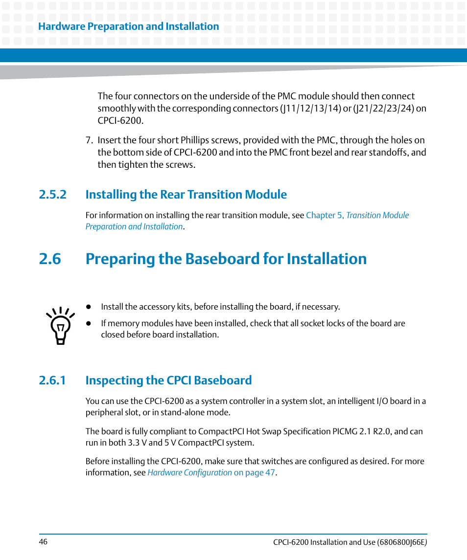 2 installing the rear transition module, 6 preparing the baseboard for installation, 1 inspecting the cpci baseboard | Artesyn CPCI-6200 Installation and Use (May 2015) User Manual | Page 46 / 234