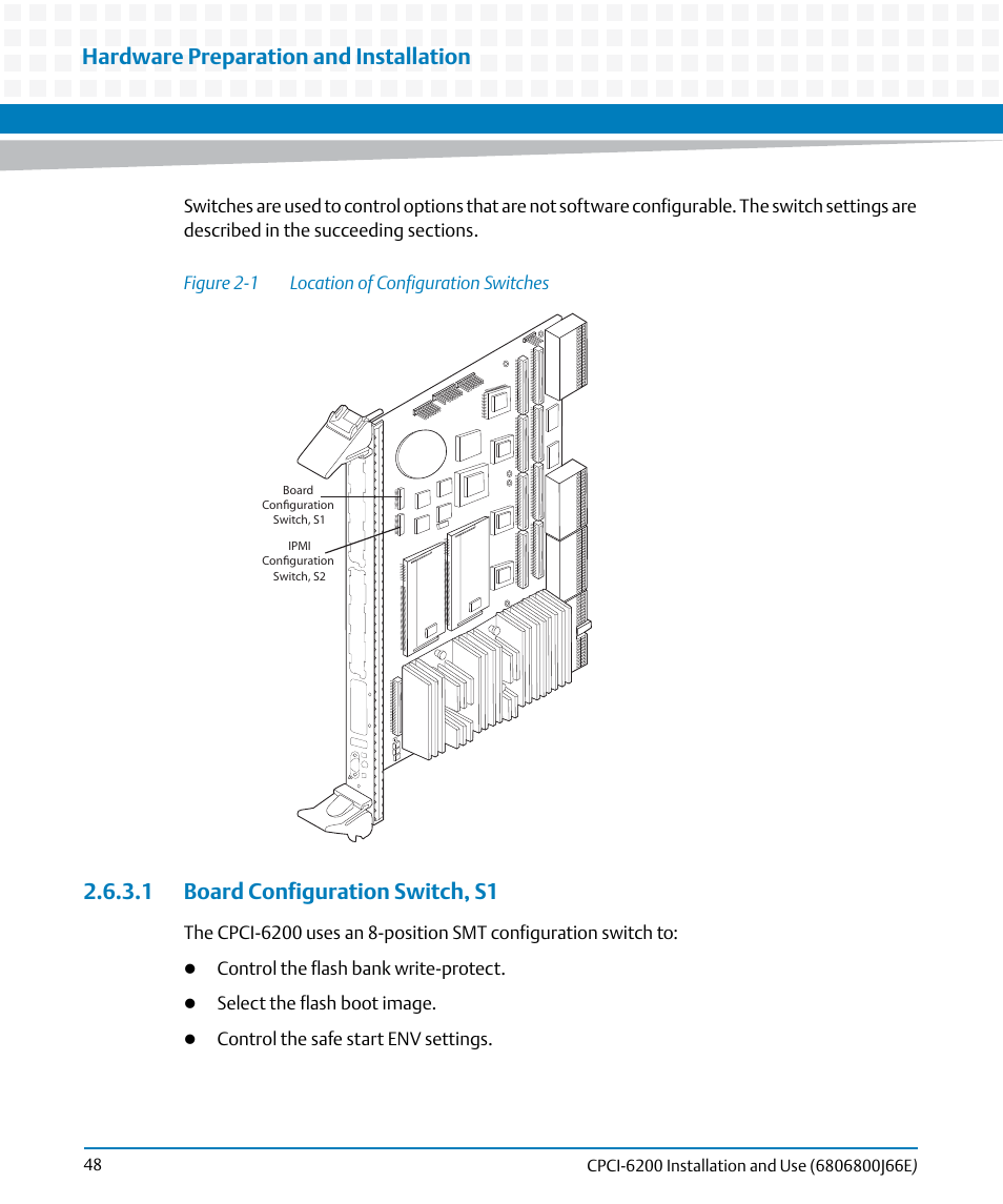 1 board configuration switch, s1, Figure 2-1, Location of configuration switches | Hardware preparation and installation | Artesyn CPCI-6200 Installation and Use (May 2015) User Manual | Page 48 / 234