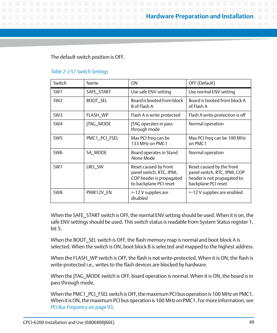 Table 2-3, S1 switch settings, Hardware preparation and installation | Artesyn CPCI-6200 Installation and Use (May 2015) User Manual | Page 49 / 234