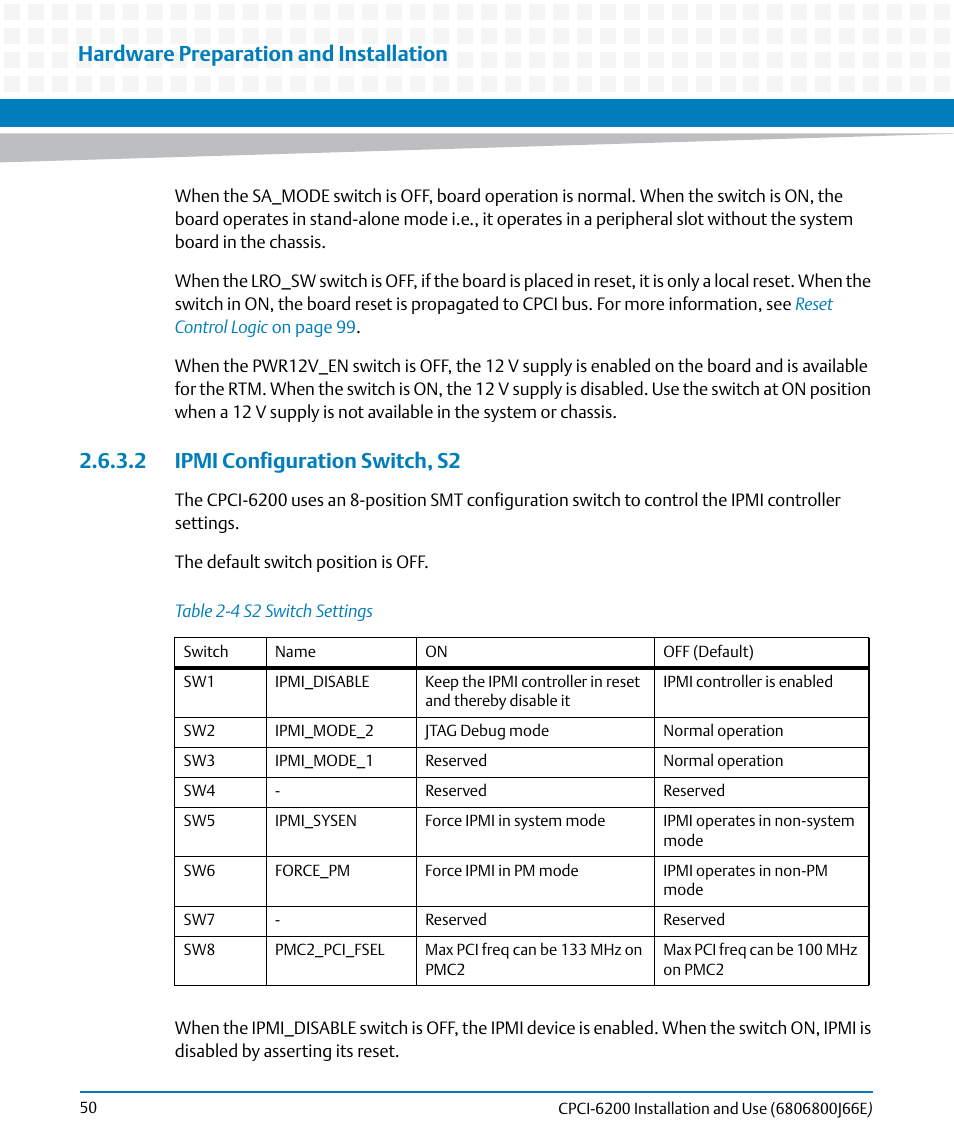 2 ipmi configuration switch, s2, Table 2-4, S2 switch settings | Hardware preparation and installation | Artesyn CPCI-6200 Installation and Use (May 2015) User Manual | Page 50 / 234