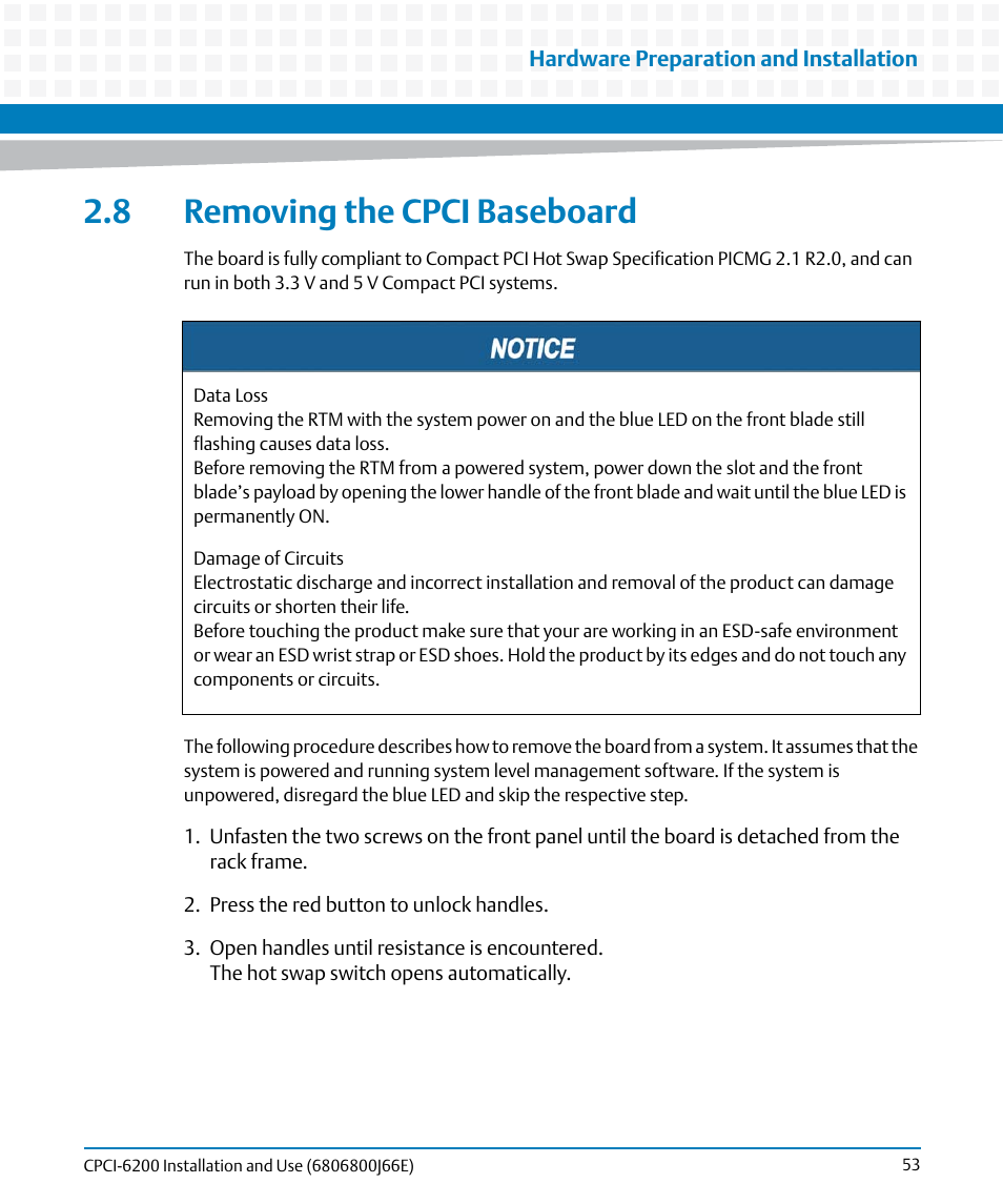 8 removing the cpci baseboard | Artesyn CPCI-6200 Installation and Use (May 2015) User Manual | Page 53 / 234