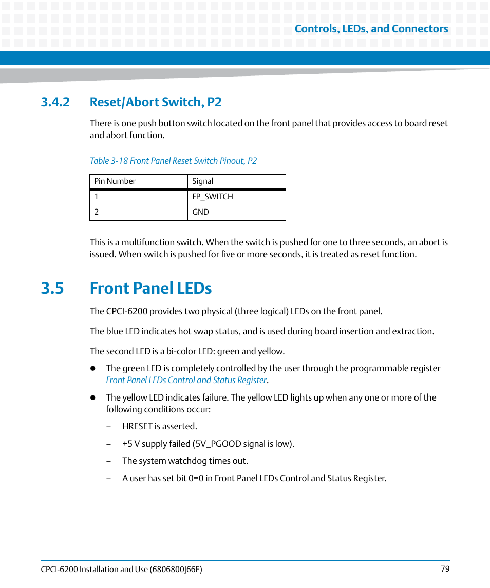 2 reset/abort switch, p2, 5 front panel leds, Table 3-18 | Front panel reset switch pinout, p2, Front panel leds | Artesyn CPCI-6200 Installation and Use (May 2015) User Manual | Page 79 / 234