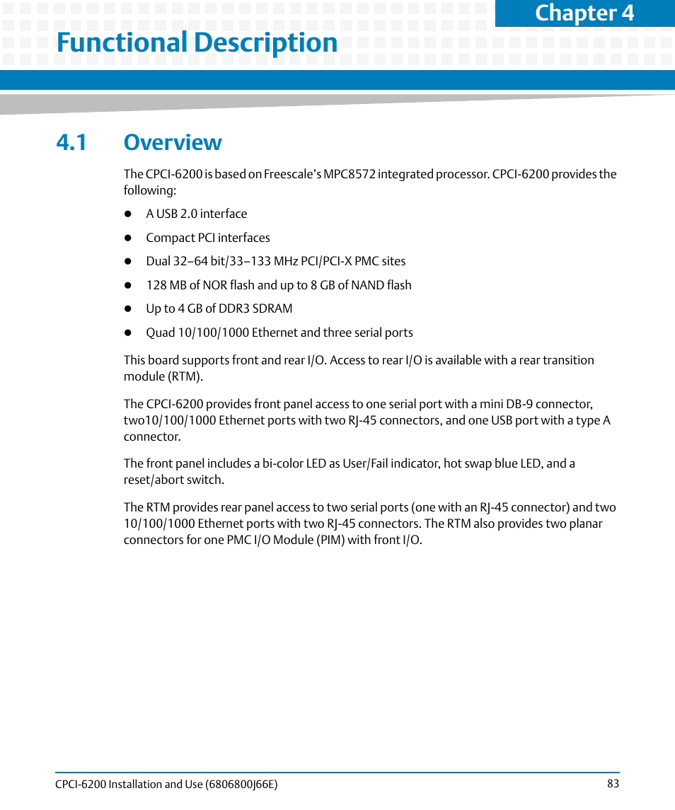 Functional description, 1 overview, Chapter 4 | Artesyn CPCI-6200 Installation and Use (May 2015) User Manual | Page 83 / 234