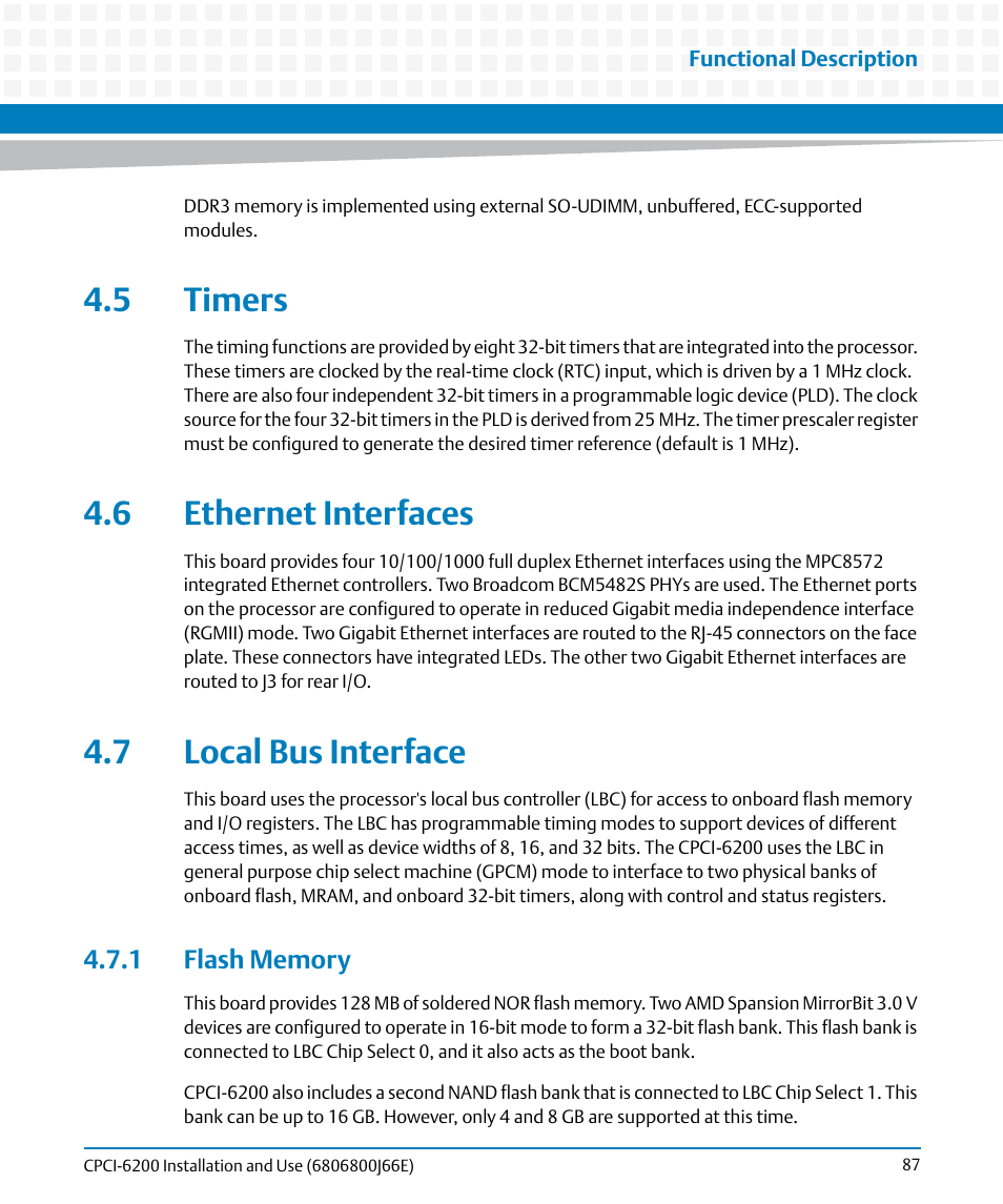5 timers, 6 ethernet interfaces, 7 local bus interface | 1 flash memory | Artesyn CPCI-6200 Installation and Use (May 2015) User Manual | Page 87 / 234