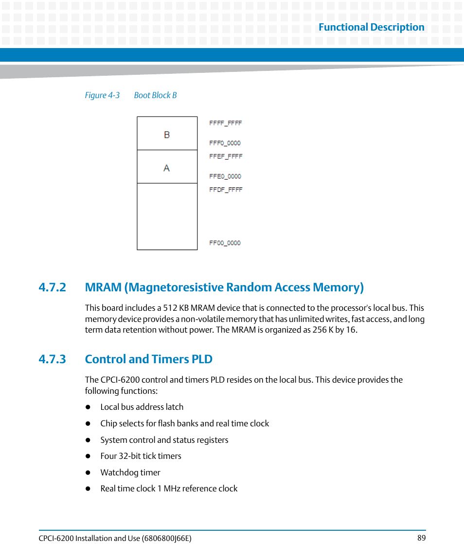 2 mram (magnetoresistive random access memory), 3 control and timers pld, Figure 4-3 | Boot block b | Artesyn CPCI-6200 Installation and Use (May 2015) User Manual | Page 89 / 234