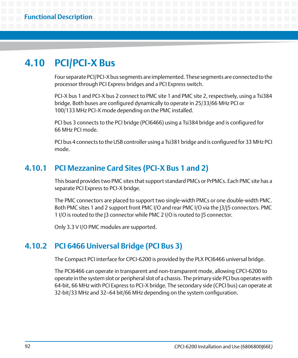 10 pci/pci-x bus, 1 pci mezzanine card sites (pci-x bus 1 and 2), 2 pci 6466 universal bridge (pci bus 3) | Artesyn CPCI-6200 Installation and Use (May 2015) User Manual | Page 92 / 234
