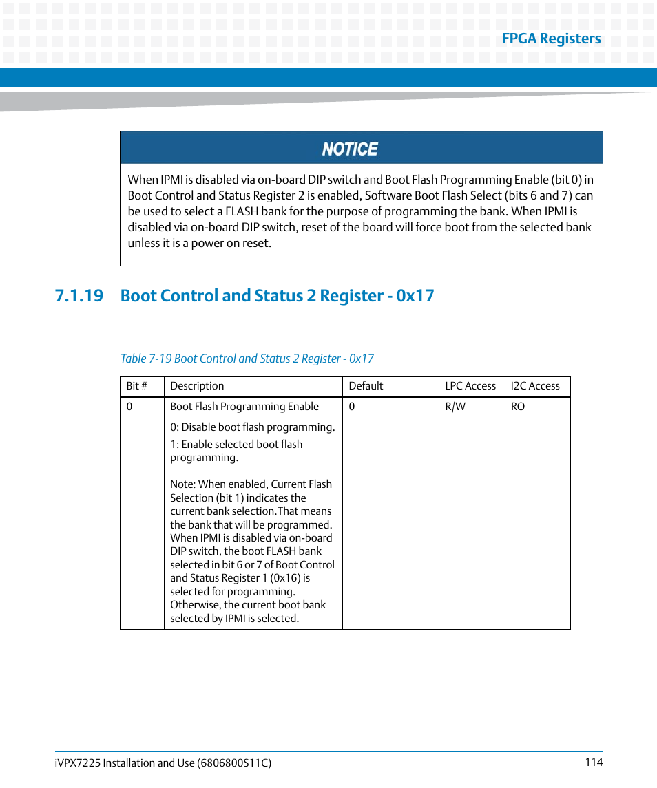 19 boot control and status 2 register - 0x17, Table 7-19, Boot control and status 2 register - 0x17 | Fpga registers | Artesyn iVPX7225 Installation and Use (April 2015) User Manual | Page 133 / 168