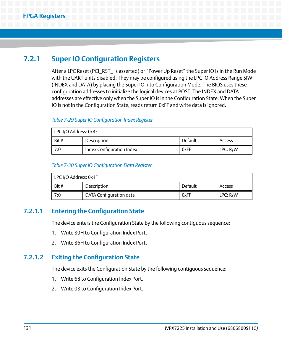 1 super io configuration registers, 1 entering the configuration state, 2 exiting the configuration state | Table 7-29, Super io configuration index register, Table 7-30, Super io configuration data register, Fpga registers | Artesyn iVPX7225 Installation and Use (April 2015) User Manual | Page 140 / 168