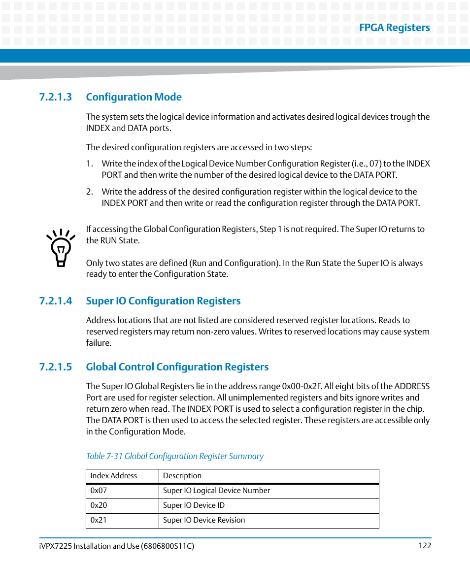 3 configuration mode, 4 super io configuration registers, 5 global control configuration registers | Table 7-31, Global configuration register summary, Fpga registers | Artesyn iVPX7225 Installation and Use (April 2015) User Manual | Page 141 / 168