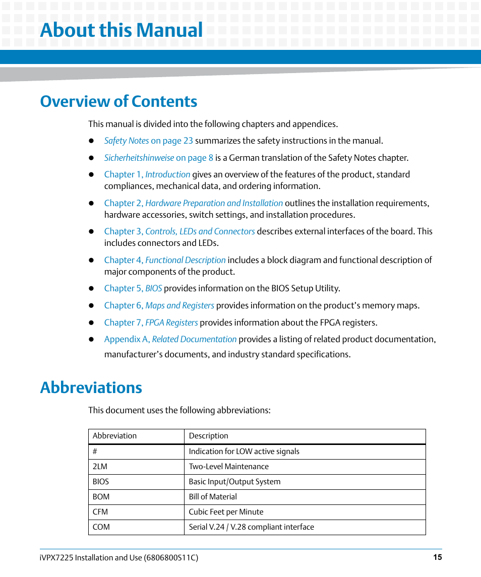 About this manual, Overview of contents, Abbreviations | Artesyn iVPX7225 Installation and Use (April 2015) User Manual | Page 15 / 168