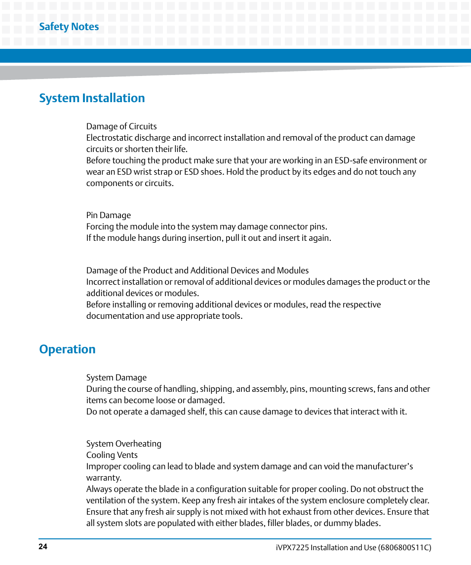 System installation, Operation | Artesyn iVPX7225 Installation and Use (April 2015) User Manual | Page 24 / 168