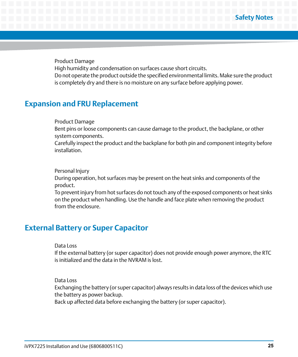 Expansion and fru replacement, External battery or super capacitor | Artesyn iVPX7225 Installation and Use (April 2015) User Manual | Page 25 / 168