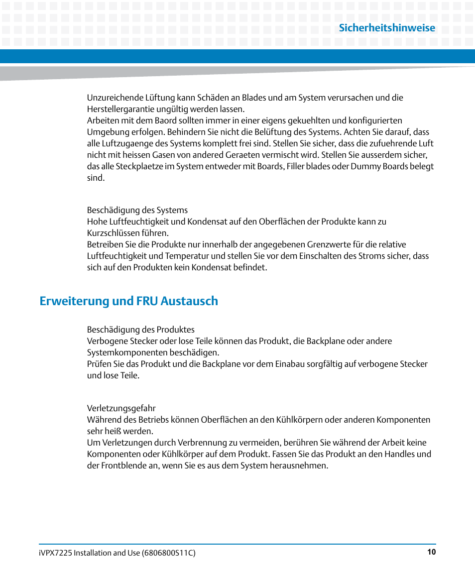 Erweiterung und fru austausch | Artesyn iVPX7225 Installation and Use (April 2015) User Manual | Page 29 / 168