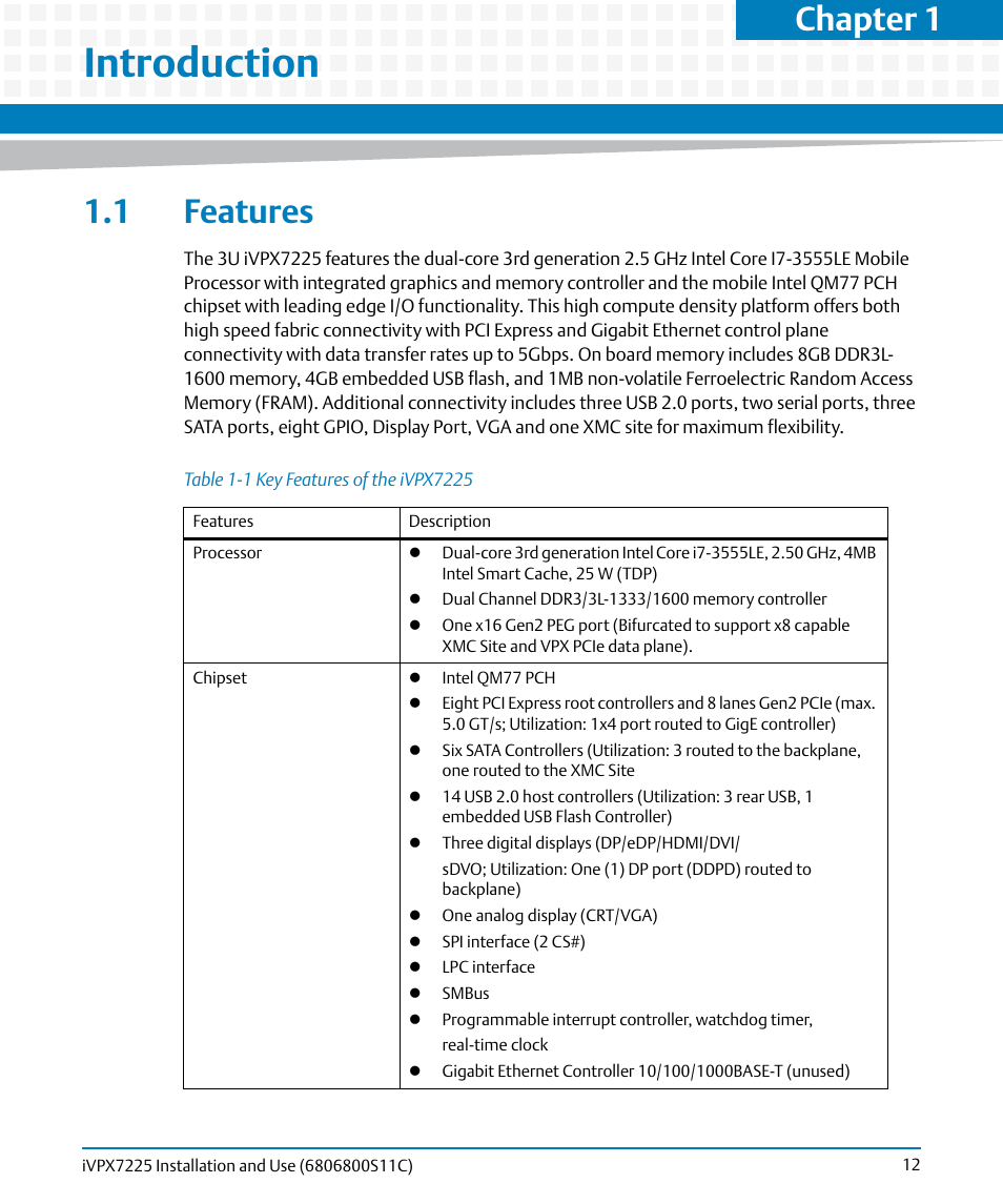 Introduction, 1 features, Table 1-1 | Key features of the ivpx7225, Chapter 1, introduction, Chapter 1 | Artesyn iVPX7225 Installation and Use (April 2015) User Manual | Page 31 / 168