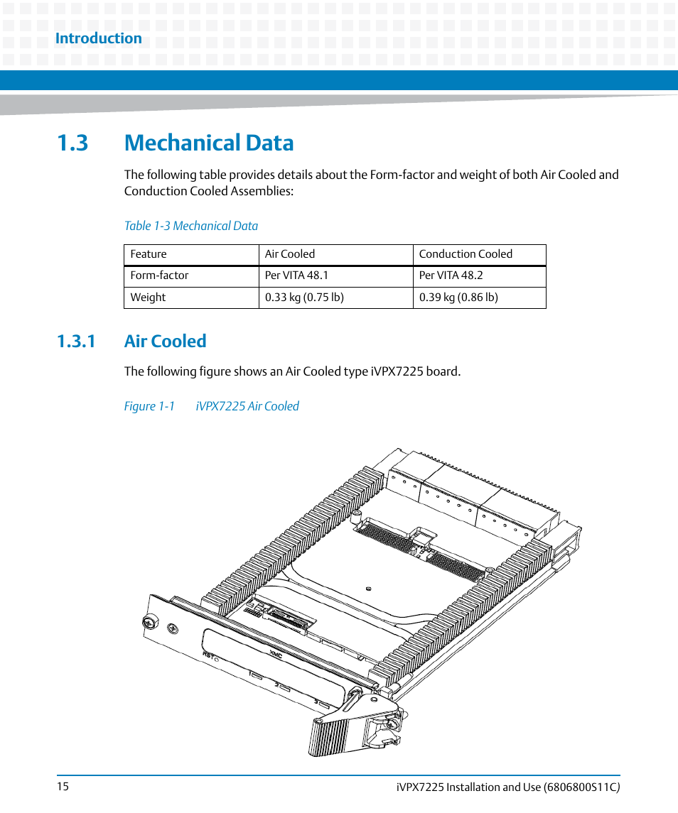 3 mechanical data, 1 air cooled, Table 1-3 | Mechanical data, Figure 1-1, Ivpx7225 air cooled | Artesyn iVPX7225 Installation and Use (April 2015) User Manual | Page 34 / 168