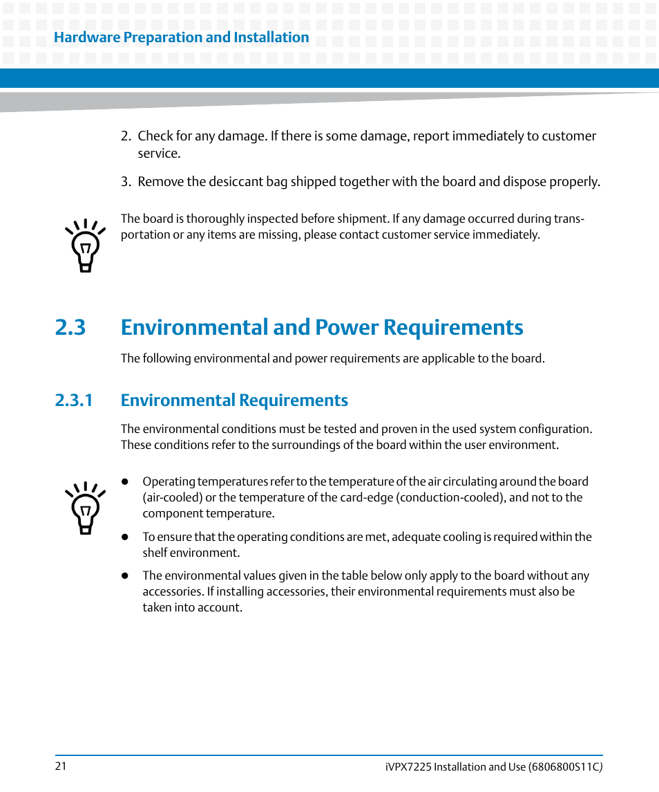 3 environmental and power requirements, 1 environmental requirements | Artesyn iVPX7225 Installation and Use (April 2015) User Manual | Page 40 / 168