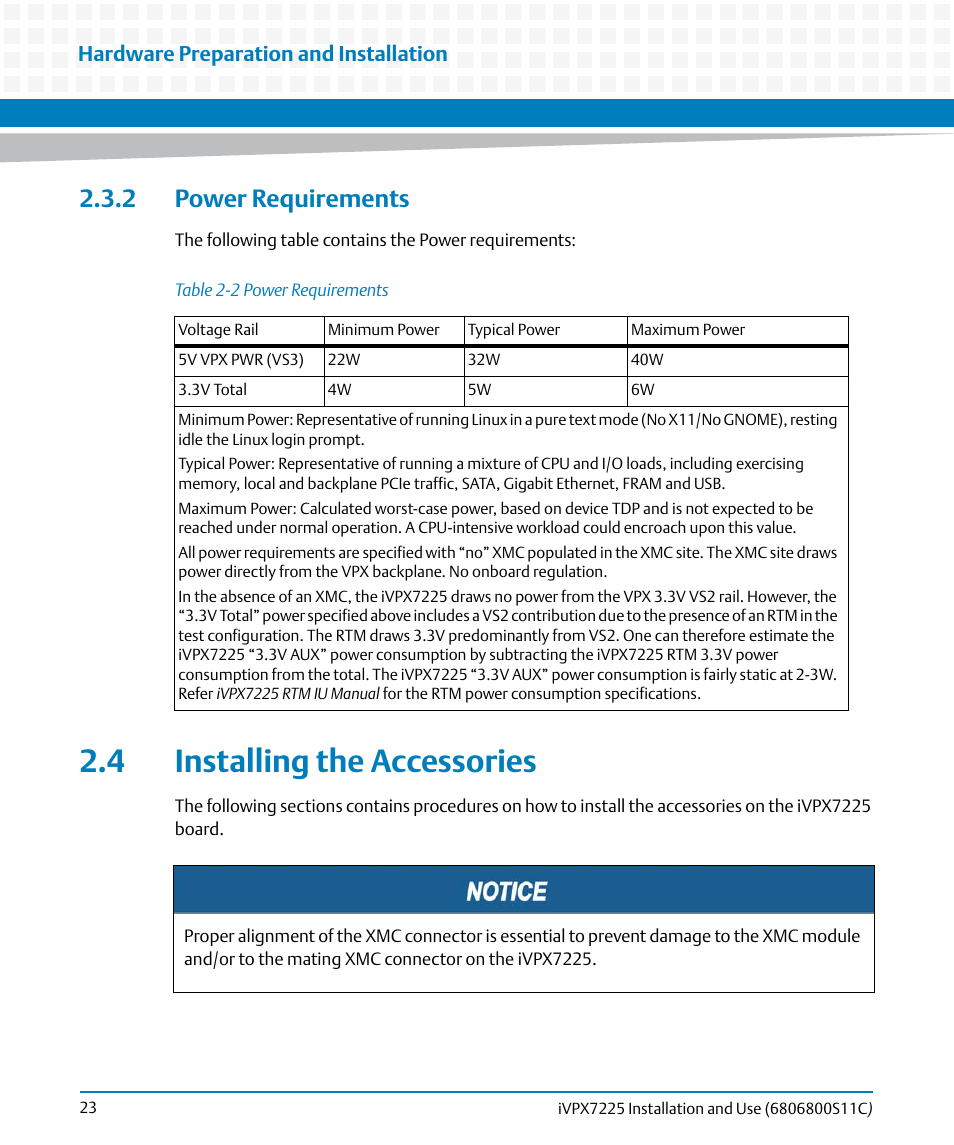 2 power requirements, 4 installing the accessories, Table 2-2 | Power requirements | Artesyn iVPX7225 Installation and Use (April 2015) User Manual | Page 42 / 168