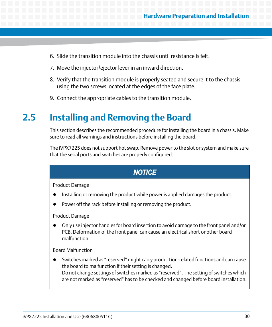 5 installing and removing the board | Artesyn iVPX7225 Installation and Use (April 2015) User Manual | Page 49 / 168