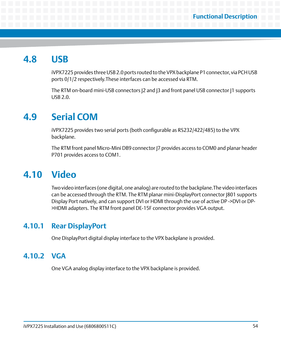 8 usb, 9 serial com, 10 video | 1 rear displayport, 2 vga, 8 usb 4.9 serial com 4.10 video, 1 rear displayport 4.10.2 vga | Artesyn iVPX7225 Installation and Use (April 2015) User Manual | Page 73 / 168