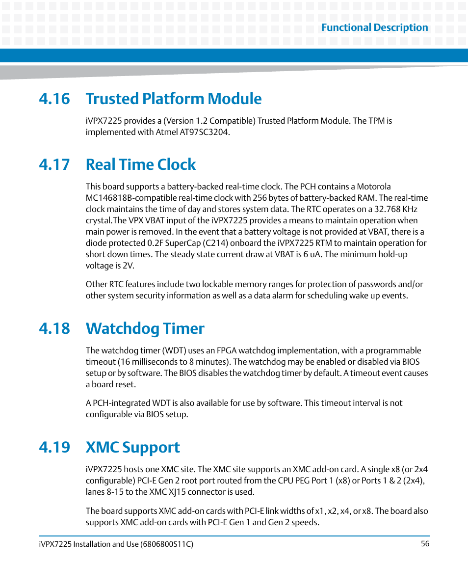 16 trusted platform module, 17 real time clock, 18 watchdog timer | 19 xmc support | Artesyn iVPX7225 Installation and Use (April 2015) User Manual | Page 75 / 168