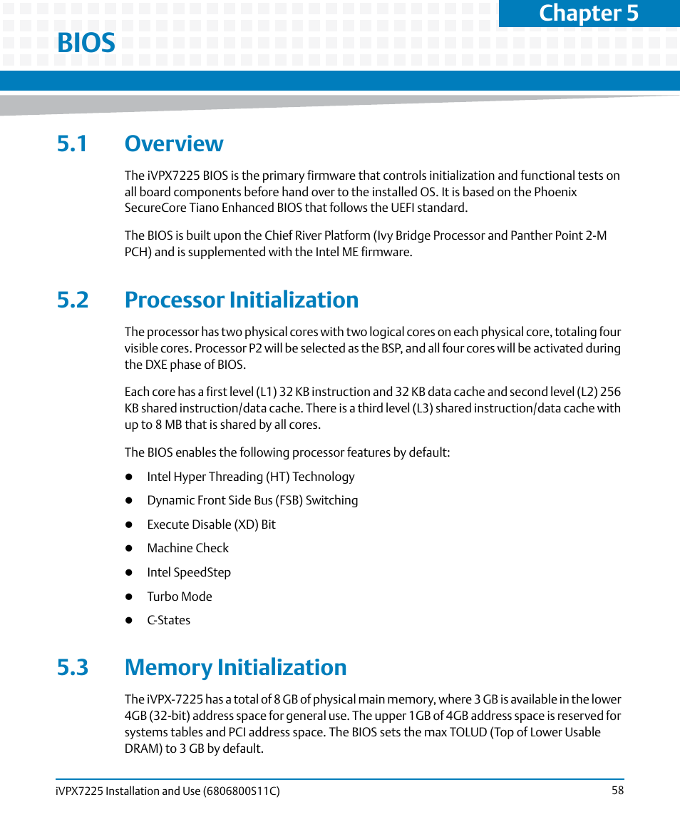 Bios, 1 overview, 2 processor initialization | 3 memory initialization, Chapter 5, bios, Chapter 5 | Artesyn iVPX7225 Installation and Use (April 2015) User Manual | Page 77 / 168