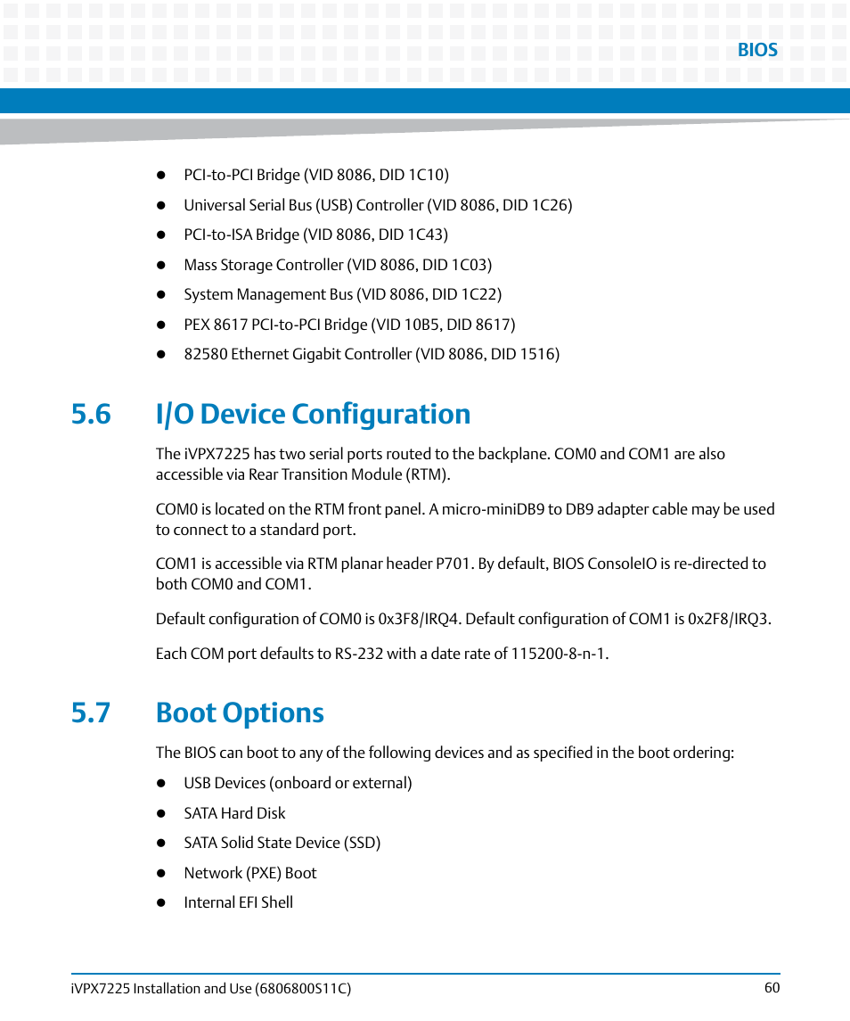 6 i/o device configuration, 7 boot options, 6 i/o device configuration 5.7 boot options | Artesyn iVPX7225 Installation and Use (April 2015) User Manual | Page 79 / 168