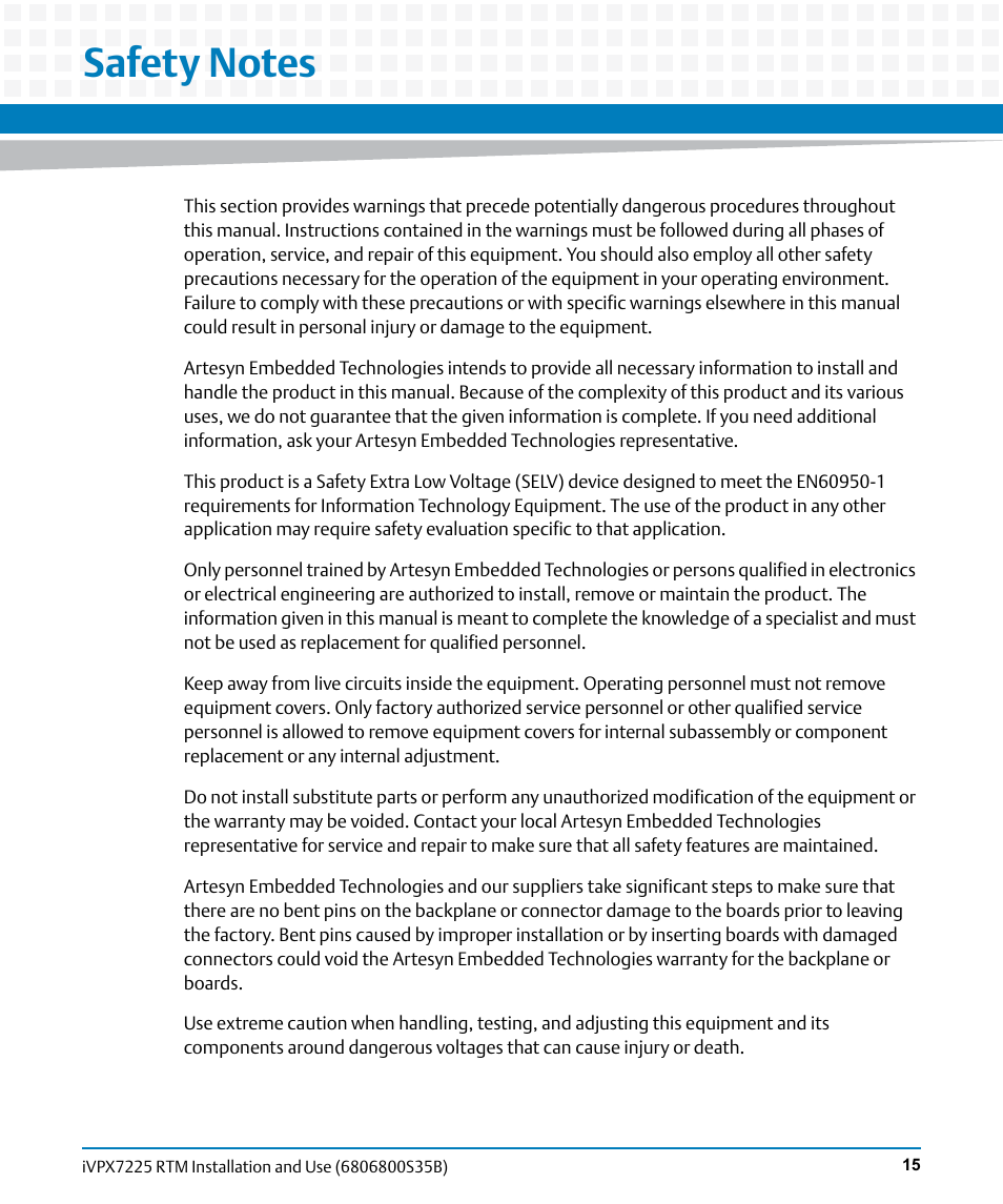 Safety notes | Artesyn iVPX7225 RTM Installation and Use (April 2015) User Manual | Page 15 / 56