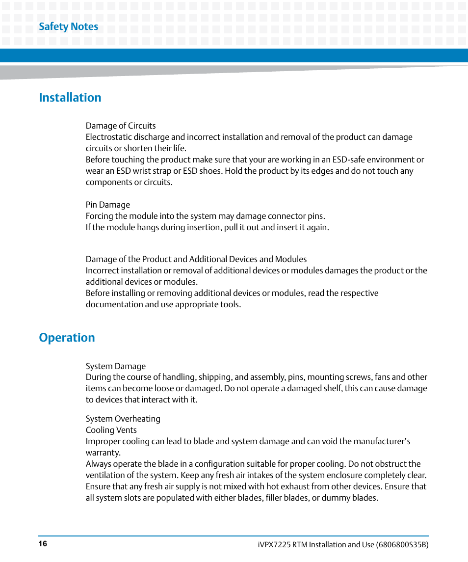 Installation, Operation | Artesyn iVPX7225 RTM Installation and Use (April 2015) User Manual | Page 16 / 56