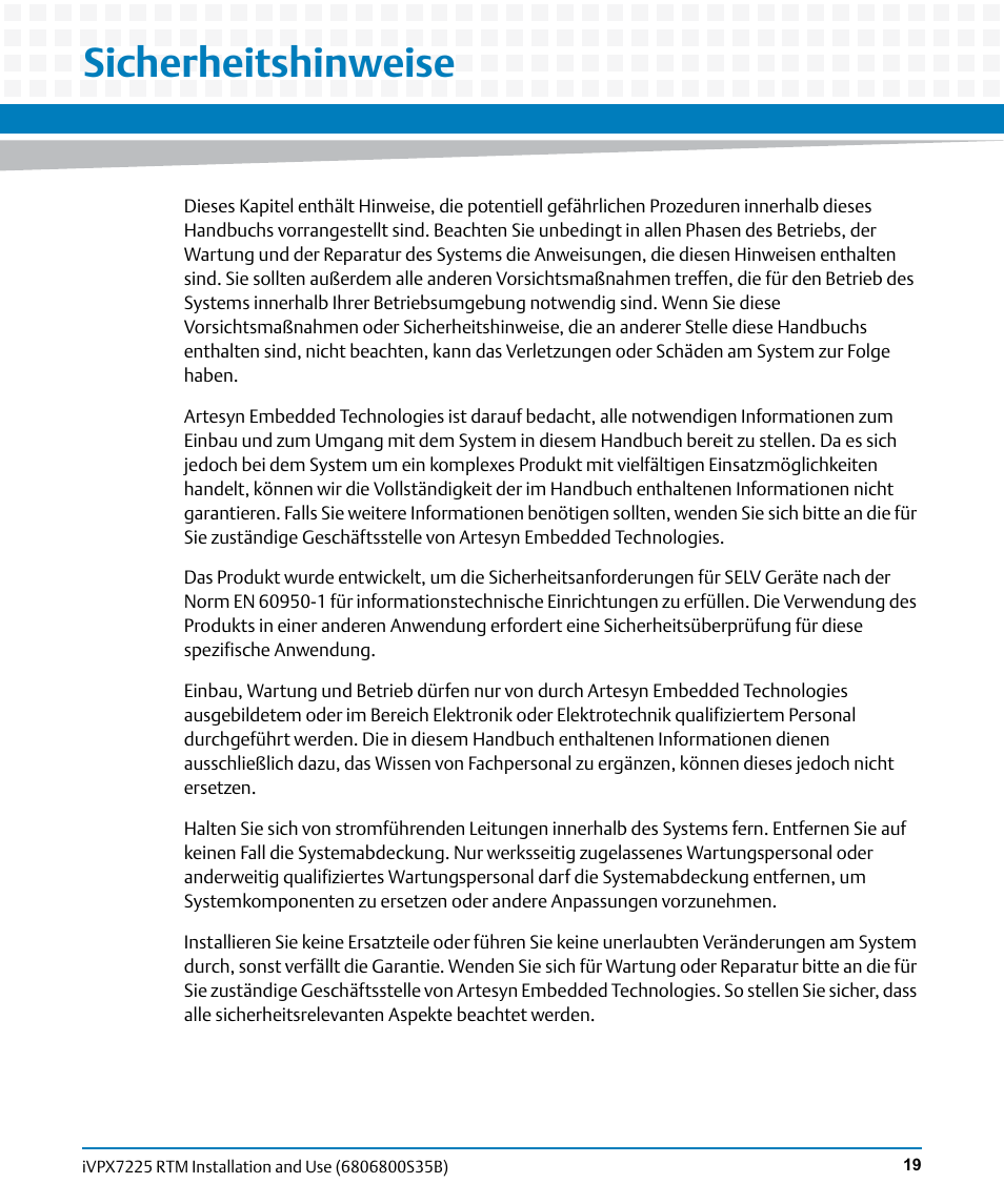 Sicherheitshinweise | Artesyn iVPX7225 RTM Installation and Use (April 2015) User Manual | Page 19 / 56
