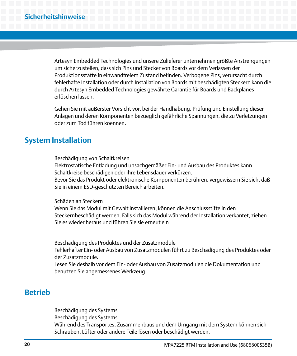 System installation, Betrieb | Artesyn iVPX7225 RTM Installation and Use (April 2015) User Manual | Page 20 / 56