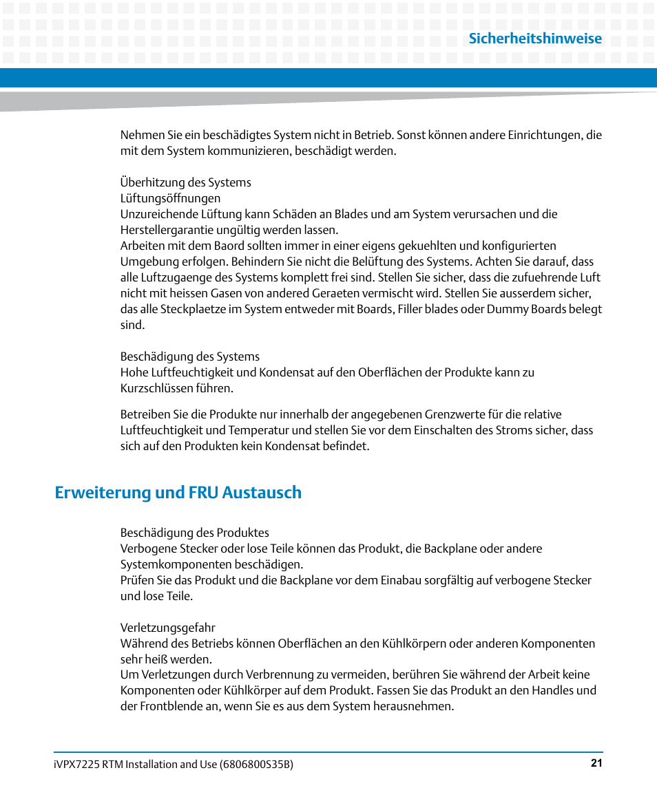 Erweiterung und fru austausch | Artesyn iVPX7225 RTM Installation and Use (April 2015) User Manual | Page 21 / 56