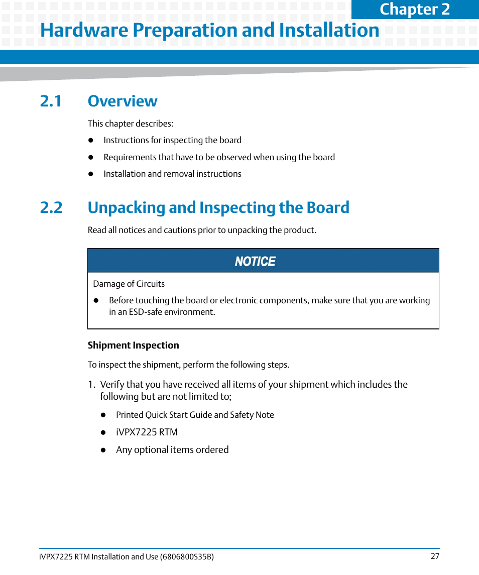 Hardware preparation and installation, 1 overview, 2 unpacking and inspecting the board | 1 overview 2.2 unpacking and inspecting the board, Chapter 2, hardware preparation and installation, Outline, Chapter 2 | Artesyn iVPX7225 RTM Installation and Use (April 2015) User Manual | Page 27 / 56