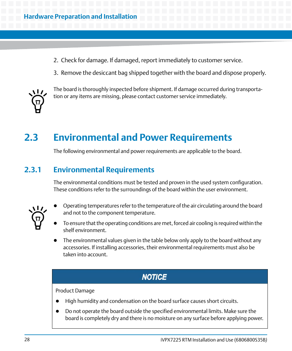 3 environmental and power requirements, 1 environmental requirements | Artesyn iVPX7225 RTM Installation and Use (April 2015) User Manual | Page 28 / 56