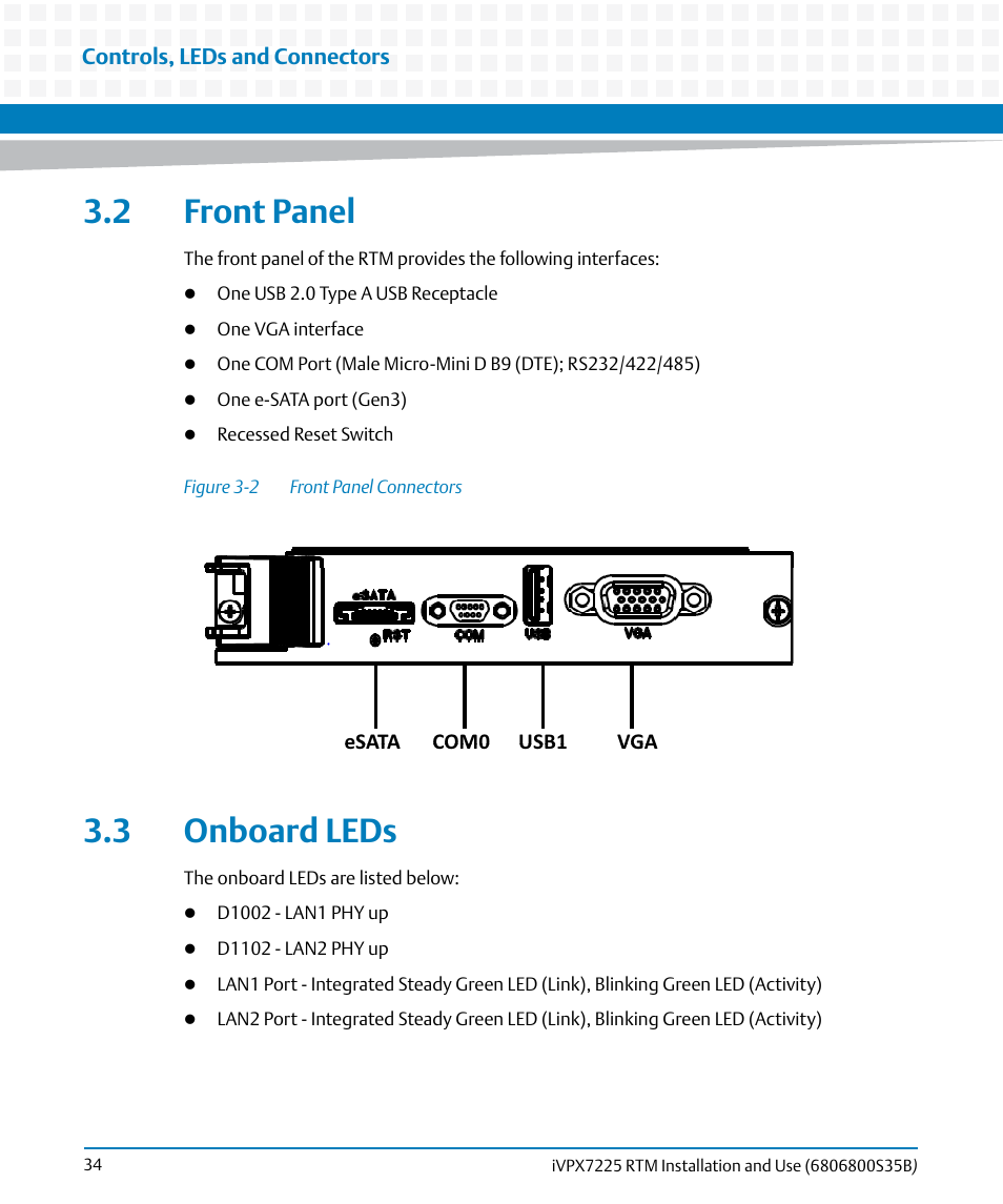 2 front panel, 3 onboard leds, 2 front panel 3.3 onboard leds | Figure 3-2, Front panel connectors | Artesyn iVPX7225 RTM Installation and Use (April 2015) User Manual | Page 34 / 56