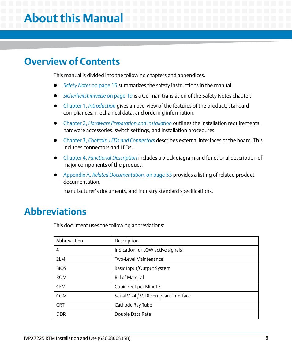 About this manual, Overview of contents, Abbreviations | Artesyn iVPX7225 RTM Installation and Use (April 2015) User Manual | Page 9 / 56