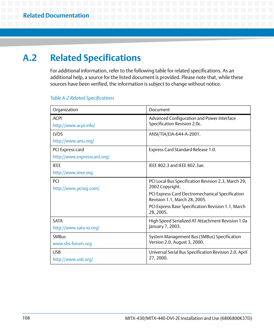 A.2 related specifications, Table a-2, Related specifications | Related documentation | Artesyn MITX-430/MITX-440-DVI-2E Installation and Use (August 2014) User Manual | Page 108 / 118