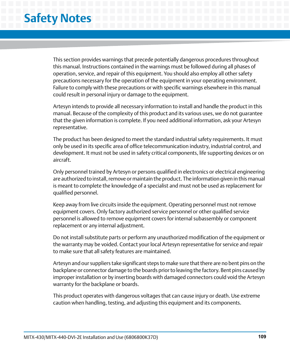 Safety notes | Artesyn MITX-430/MITX-440-DVI-2E Installation and Use (August 2014) User Manual | Page 109 / 118