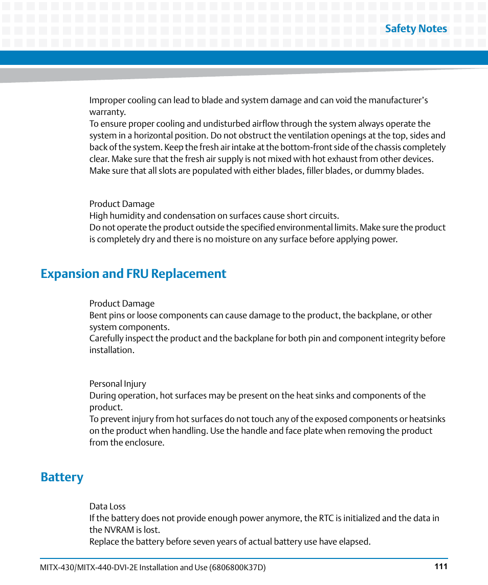 Expansion and fru replacement, Battery | Artesyn MITX-430/MITX-440-DVI-2E Installation and Use (August 2014) User Manual | Page 111 / 118