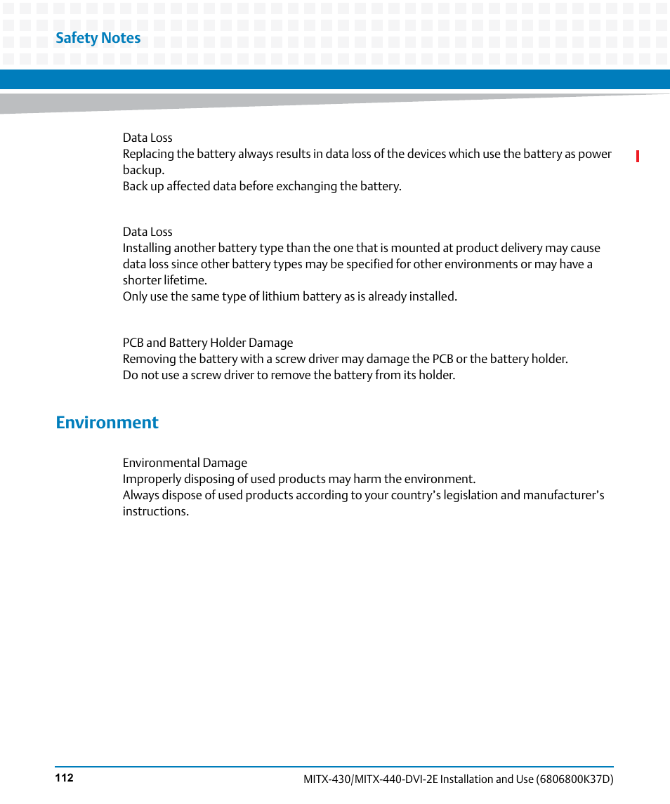 Environment | Artesyn MITX-430/MITX-440-DVI-2E Installation and Use (August 2014) User Manual | Page 112 / 118