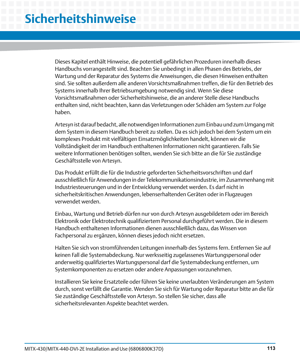 Sicherheitshinweise | Artesyn MITX-430/MITX-440-DVI-2E Installation and Use (August 2014) User Manual | Page 113 / 118