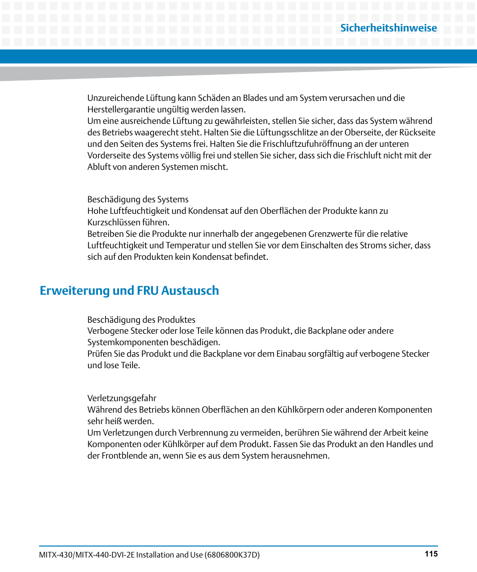 Erweiterung und fru austausch | Artesyn MITX-430/MITX-440-DVI-2E Installation and Use (August 2014) User Manual | Page 115 / 118